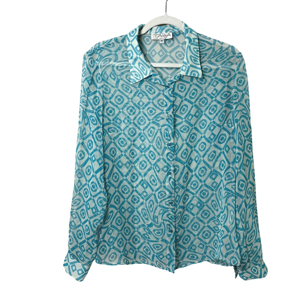 Taiga Paris Blouse Size 12 Blue Geometric Mod Sheer Viscose Top Vintage USA